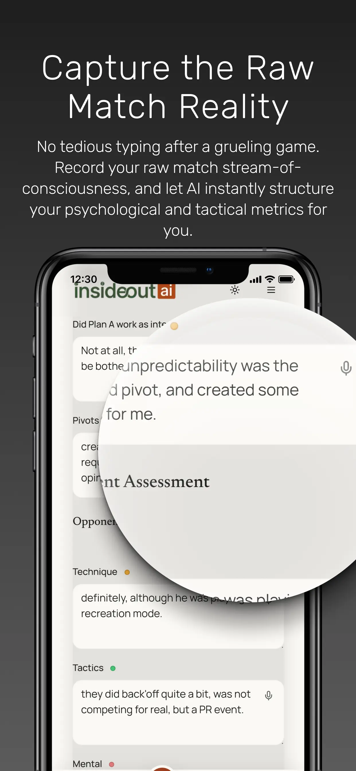 InsideOut AI post-match logs featuring voice memo transcription and multi-dimensional analysis