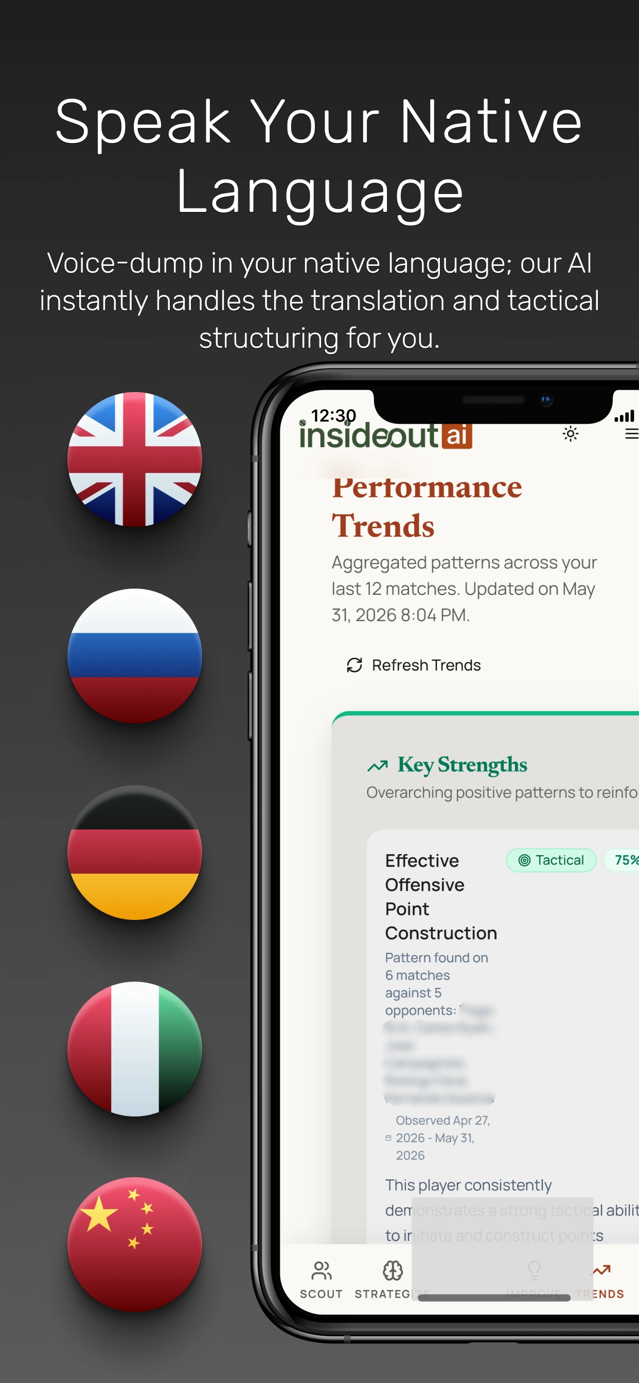 InsideOut AI multilingual input screen showing voice and text translation into structured English data